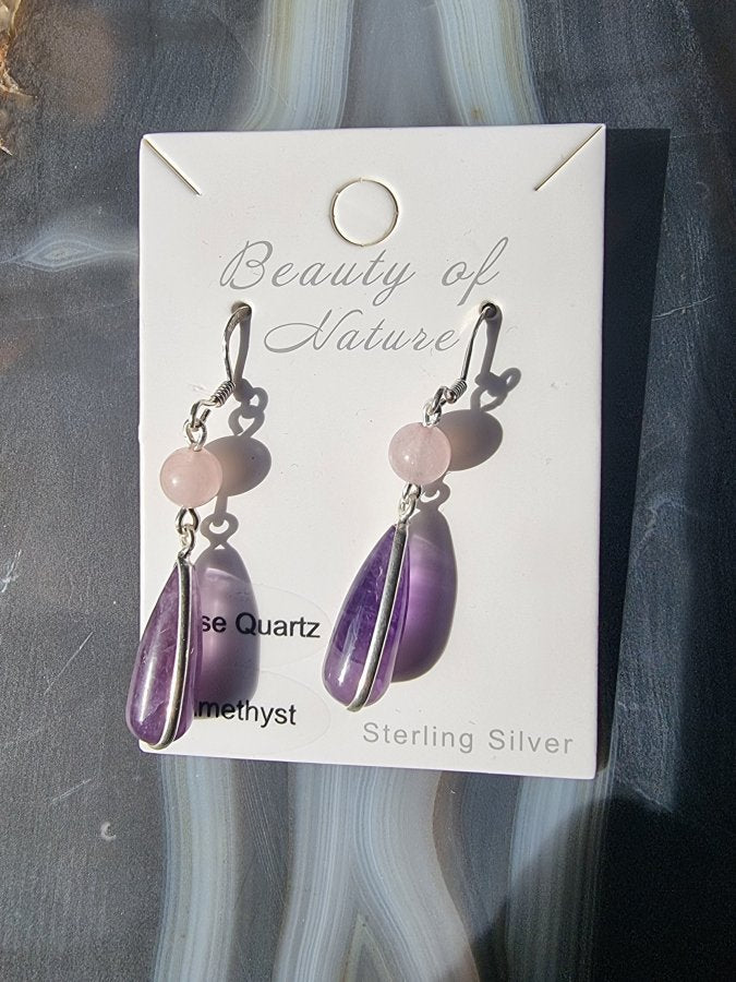 Amethyst and Rose Quartz Earrings Sterling Silver