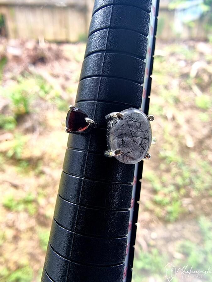 Black Tourmalated Quartz with Garnet in Sterling Silver