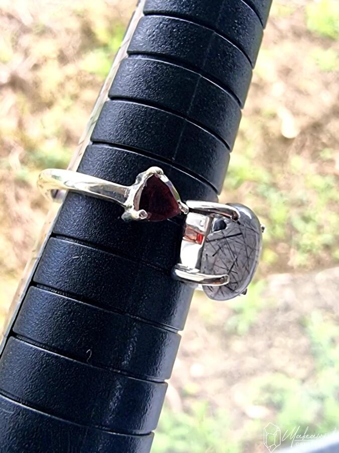 Black Tourmalated Quartz with Garnet in Sterling Silver
